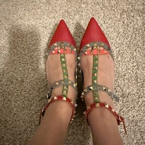 Valentino Red and Green Studded Flats